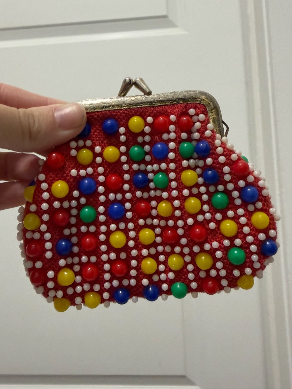 Vintage 1960s Candy Dot Beaded Coin Purse Kiss Lock Red